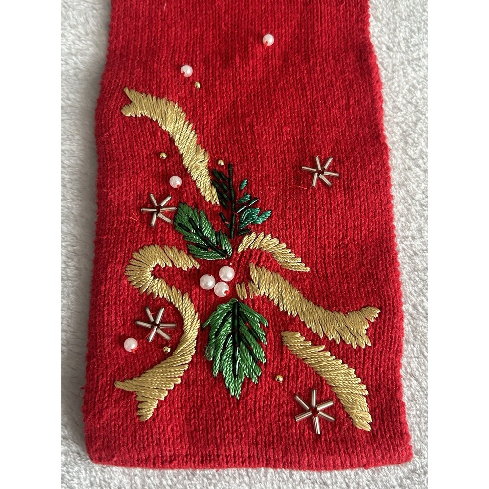 Vtg Victoria Jones Red Christmas Sweater M Beaded Embroidered Festive Scarf - Picture 13 of 14